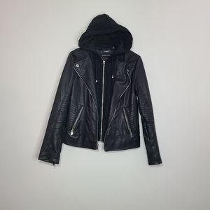 Black Rivet Faux Leather Black Jacket with removable hooded sweater - Dual look